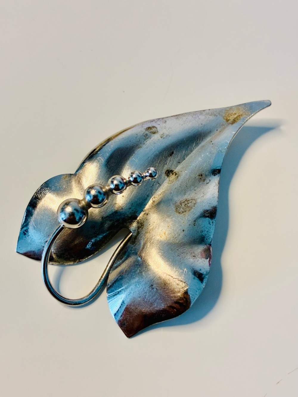 Silver Leaf Brooch with Graduated Spheres